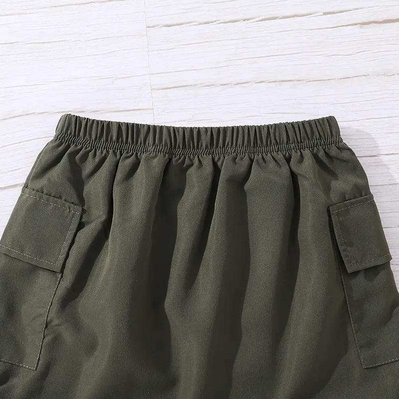 Children's Summer 8-12 Year Old Girls Black Stars Tulle Short Sleeve Black Halter With Military Green Skirt Set Korean Style