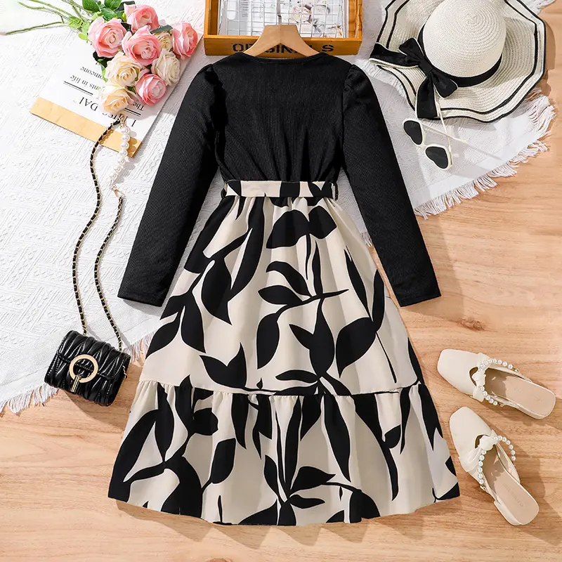 Kids Fashion Dress For 8-12 Years Girls Black Long-Sleeved Beige Printed Dress Brief Elegant Style Daily Clothes For Children
