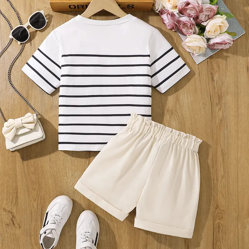 Casual Sets For Girls 8-12 Years White Striped T-shirt & Beige Shorts Simple Korean Style Sets Children Summer Clothes