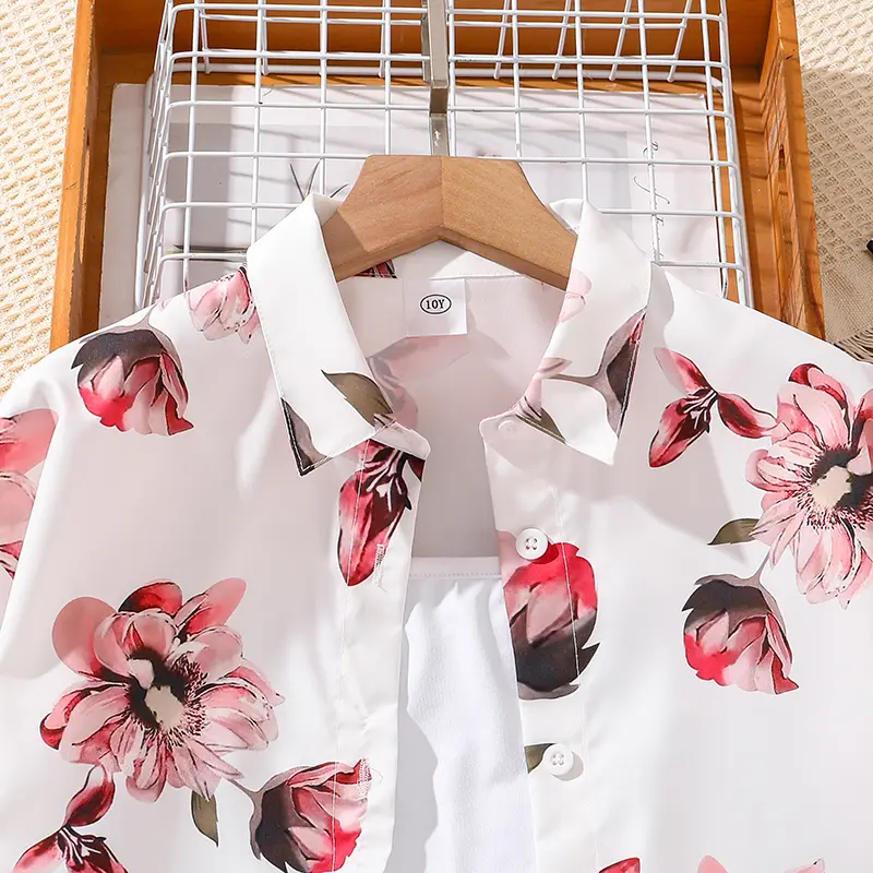 Children Outfit Long Sleeve Button-down Printed T-shirt & Shorts 2 PCS Summer Clothing Sets