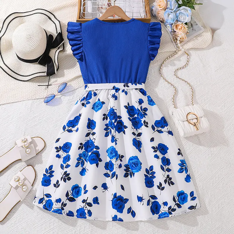 Blue Rose Dress Children Modest Flutter Sleeve Belted Knitted Patchwork Gown Elegant Young Girls Vacation Party Outgoing Clothes
