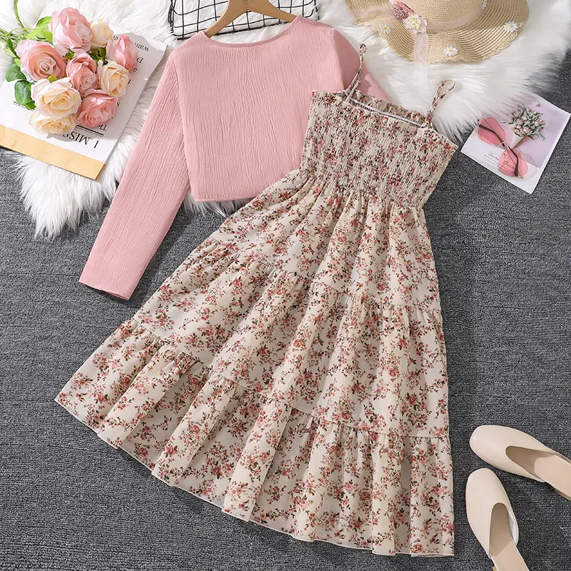 Summer Girls Clothes Sets Casual Princess Outfits Pink Long Sleeved Coat And Beige Floral Dress Casual Vacation Holiday Clothes