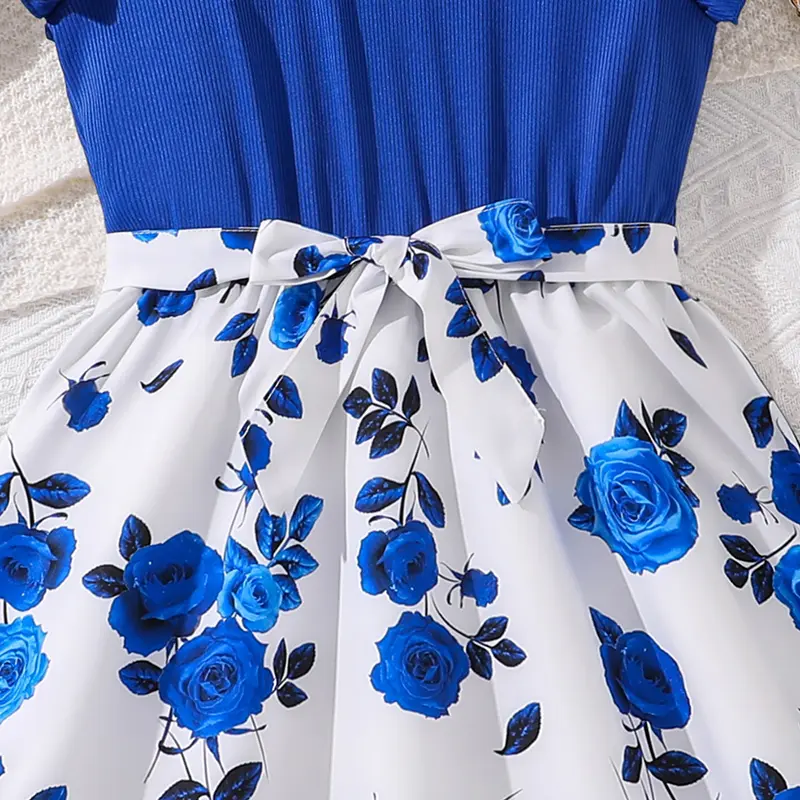 Blue Rose Dress Children Modest Flutter Sleeve Belted Knitted Patchwork Gown Elegant Young Girls Vacation Party Outgoing Clothes
