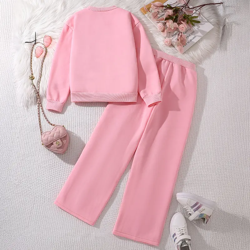 Kids Autumn Winter Thermal Suits For Girl Velvet Pink Heart Long Sleeve Top And Velvet Pink Pants Loose Comfortable Clothes Sets