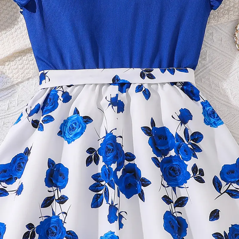 Blue Rose Dress Children Modest Flutter Sleeve Belted Knitted Patchwork Gown Elegant Young Girls Vacation Party Outgoing Clothes