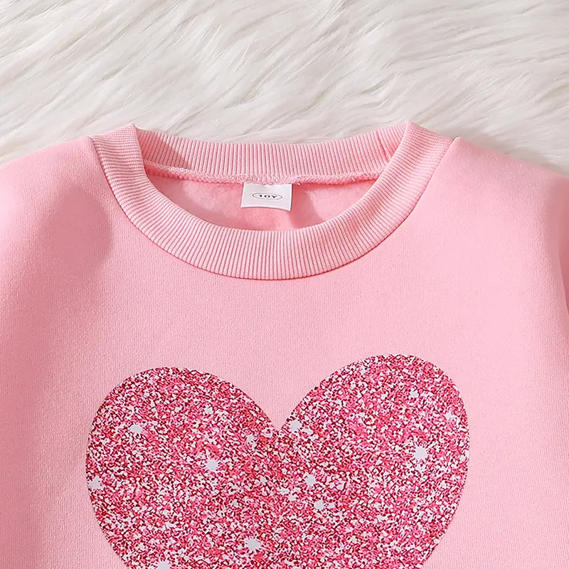 Kids Autumn Winter Thermal Suits For Girl Velvet Pink Heart Long Sleeve Top And Velvet Pink Pants Loose Comfortable Clothes Sets