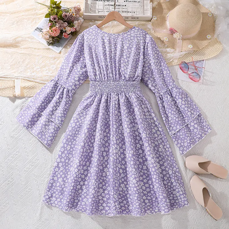 Kids Dress For 13-16Ys Girls Purple Floral Lotus Sleeves Dress Elegant Vacation Holiday Birthday Party Dress Graduation Clothes