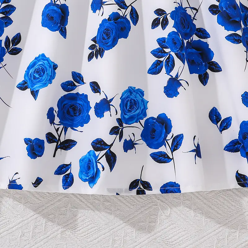 Blue Rose Dress Children Modest Flutter Sleeve Belted Knitted Patchwork Gown Elegant Young Girls Vacation Party Outgoing Clothes