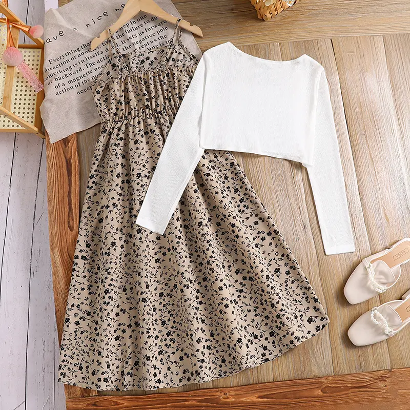 Autumn New Hot Sale 2PCS Solid Colir White Open-Front Cardigan & Leopar Sling A-Line Dress For Girls 8-12 Years Daily Casual Set