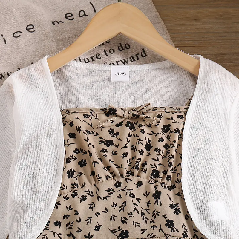 Autumn New Hot Sale 2PCS Solid Colir White Open-Front Cardigan & Leopar Sling A-Line Dress For Girls 8-12 Years Daily Casual Set