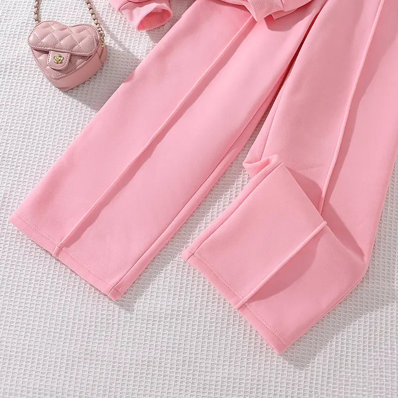 Kids Autumn Winter Thermal Suits For Girl Velvet Pink Heart Long Sleeve Top And Velvet Pink Pants Loose Comfortable Clothes Sets