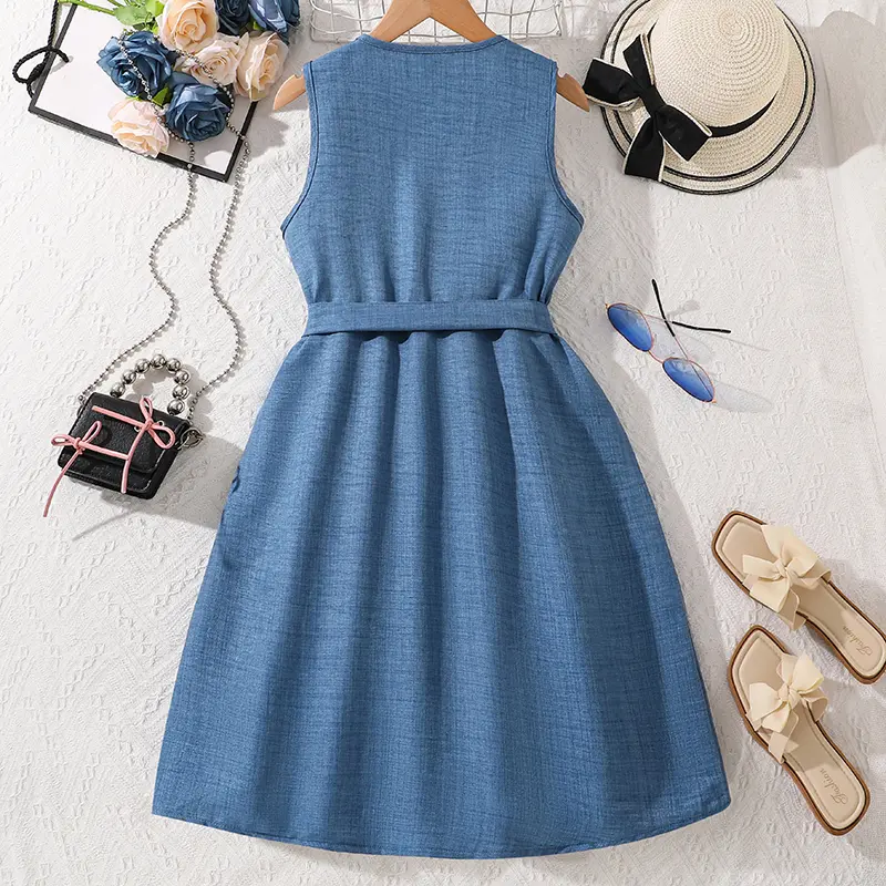 Denim Blue Dress For Kids Girls Sleeveless Square Collar Button-Trim Knee-Length Dress Summer Children Casual Costume 8-12 Years