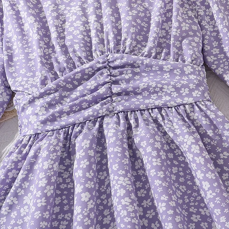 Kids Dress For 13-16Ys Girls Purple Floral Lotus Sleeves Dress Elegant Vacation Holiday Birthday Party Dress Graduation Clothes