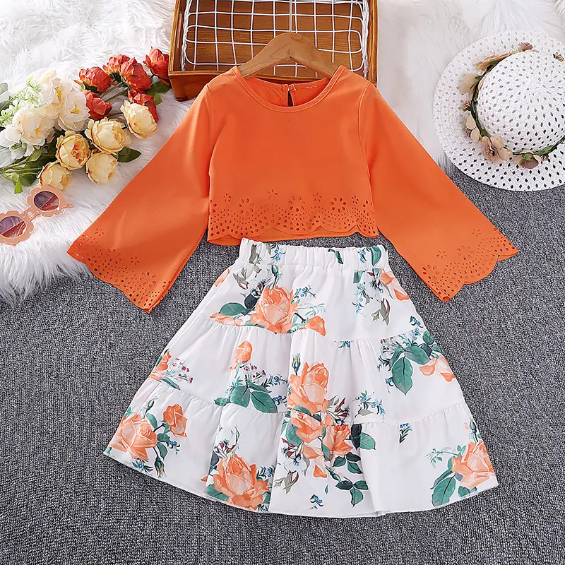 4-7Ys Long Sleeve Orange Top & White Orange Flower Skirt Floral Vacation Girls Dress pastoral Style Sets Daily Casual Clothing