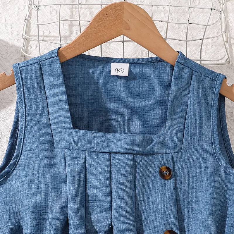 Denim Blue Dress For Kids Girls Sleeveless Square Collar Button-Trim Knee-Length Dress Summer Children Casual Costume 8-12 Years