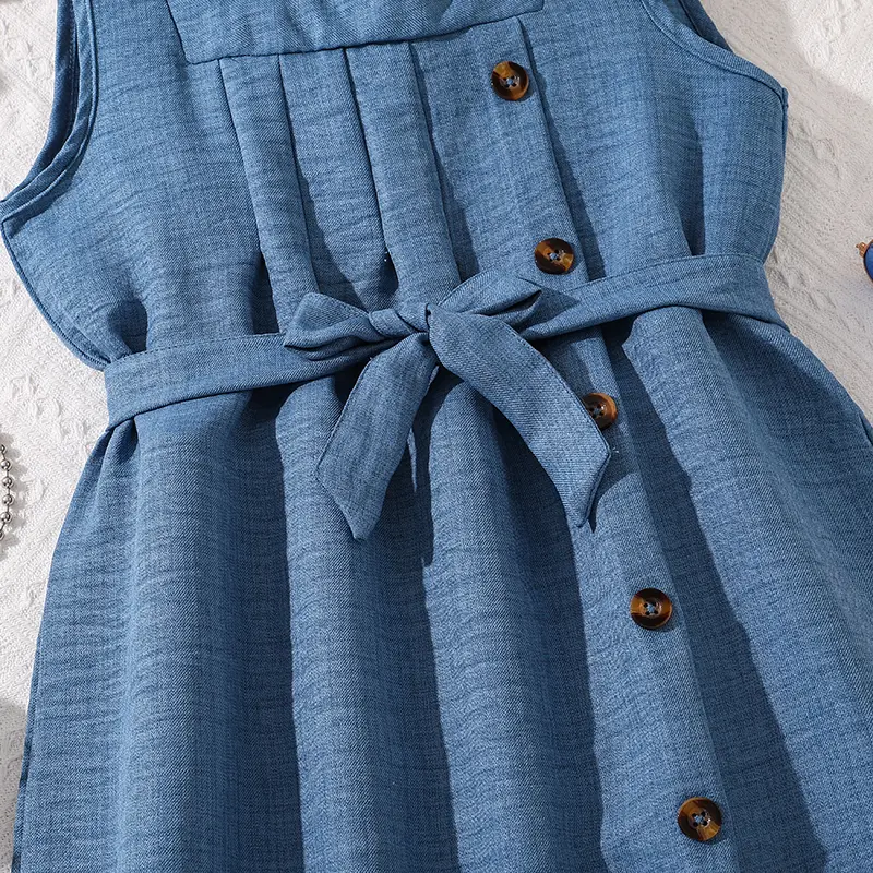 Denim Blue Dress For Kids Girls Sleeveless Square Collar Button-Trim Knee-Length Dress Summer Children Casual Costume 8-12 Years