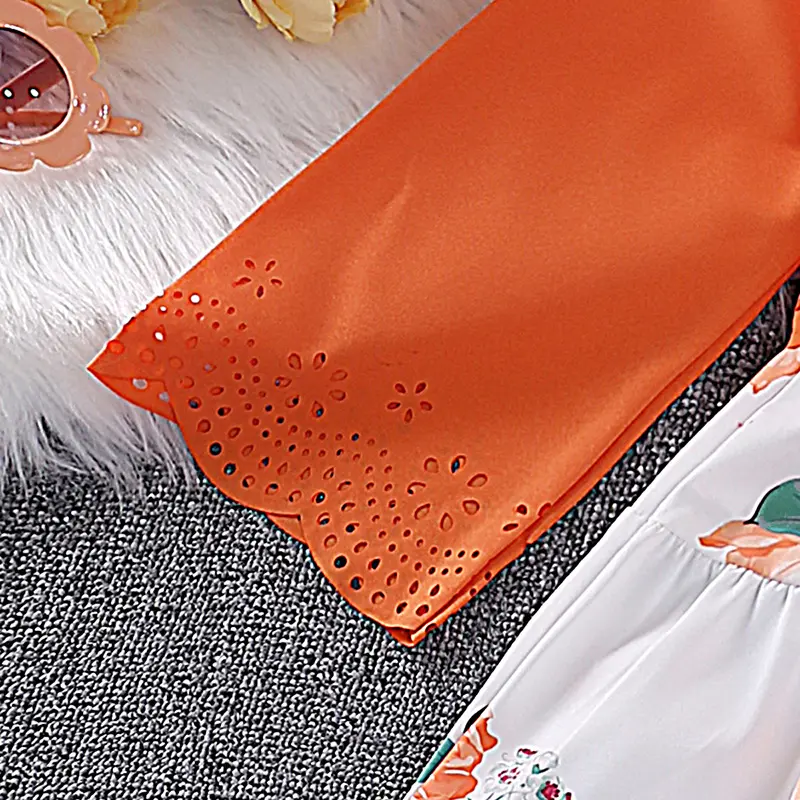4-7Ys Long Sleeve Orange Top & White Orange Flower Skirt Floral Vacation Girls Dress pastoral Style Sets Daily Casual Clothing