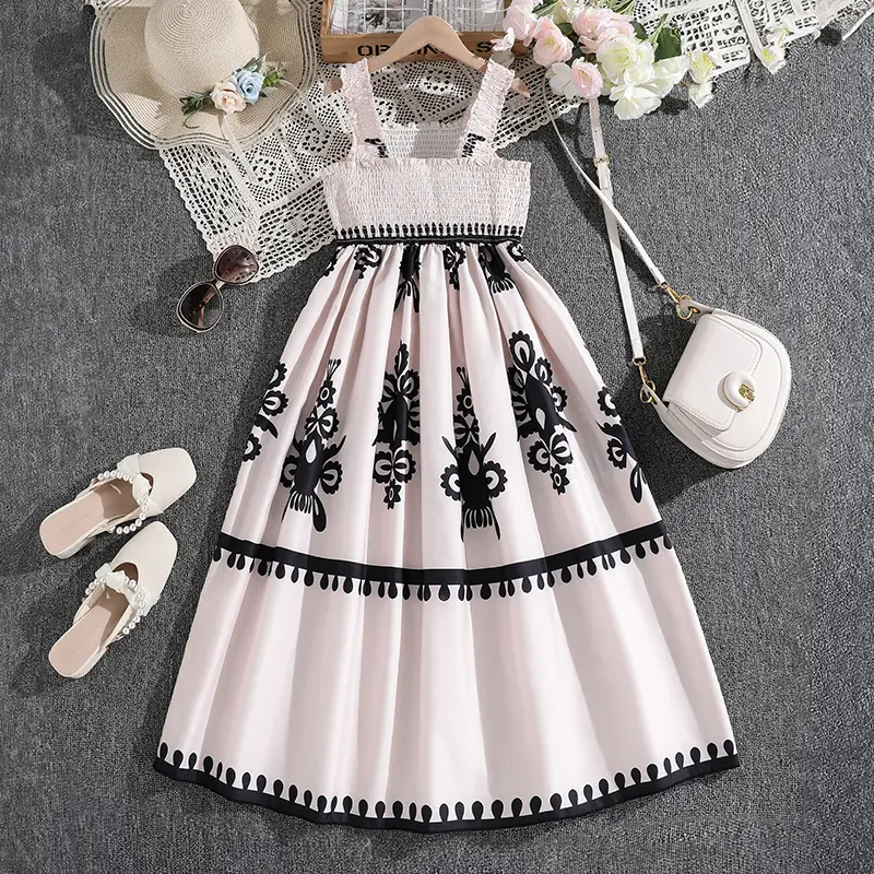 Girl New Designed Classic Dress Teenager Summer Beige Dress Designer Clothes Dress Sleeveless Fashion For 8-12Years Kids Costume