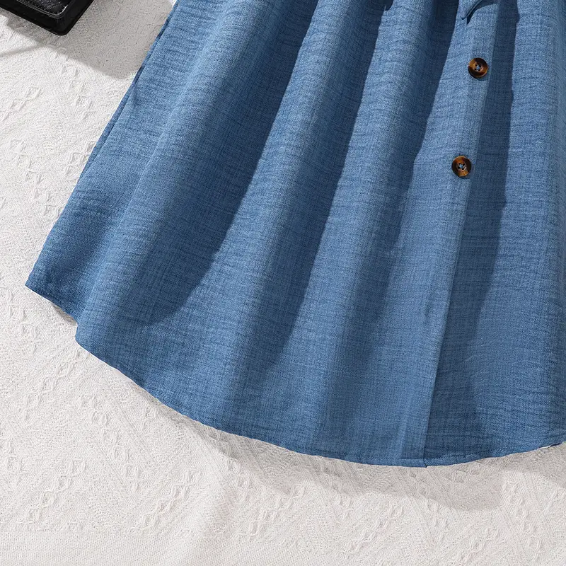 Denim Blue Dress For Kids Girls Sleeveless Square Collar Button-Trim Knee-Length Dress Summer Children Casual Costume 8-12 Years