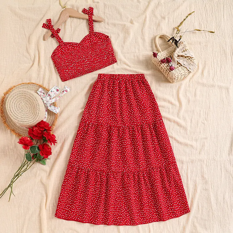Summer New Fashion 2PCS Solid Color Red Polka Dot Sling Bow Vest & Polka Dot Skirt For Girls 8-12 Years Korean Style Vacation
