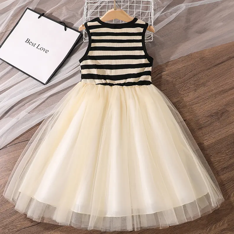 Baby Girl Princess Tulle Dress Striped Black & White Patchwork Knitted Sleeveless Summer Sundress Trendy Korean Style Dress