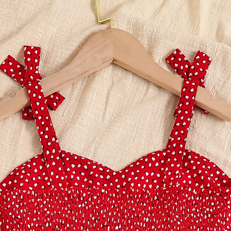 Summer New Fashion 2PCS Solid Color Red Polka Dot Sling Bow Vest & Polka Dot Skirt For Girls 8-12 Years Korean Style Vacation