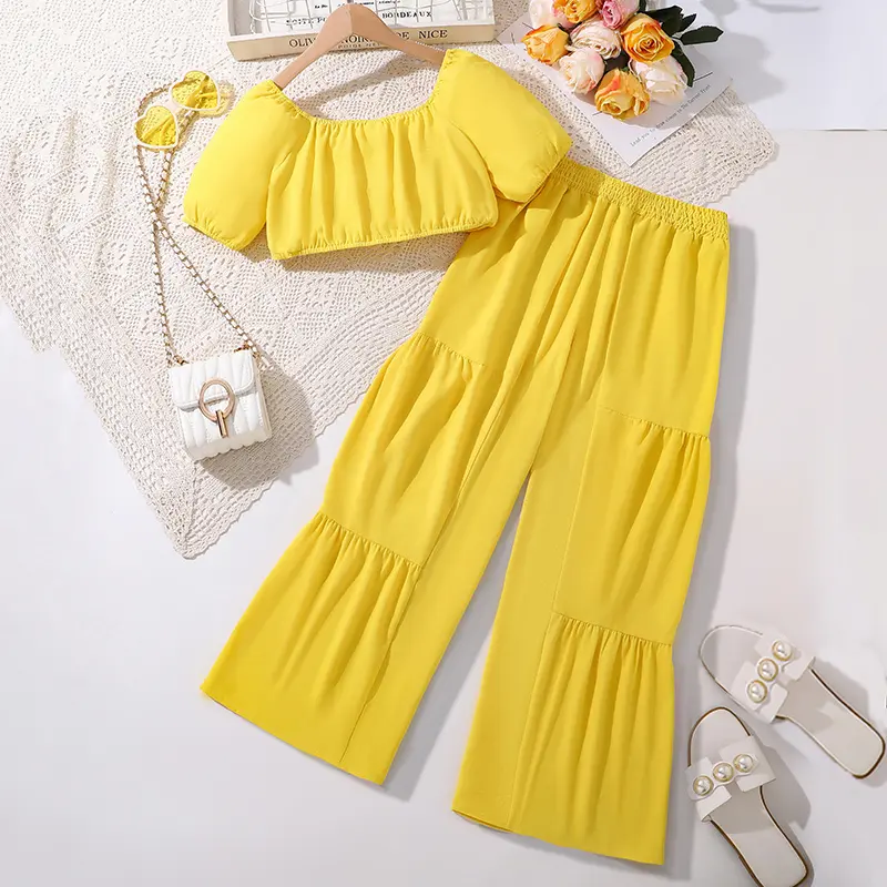 Girls Clothing Sets For 8-12 Years Kids Solid Yellow Color Square Collar Crop-Top & Wide Flare Pants Child Suits Vacation Casual