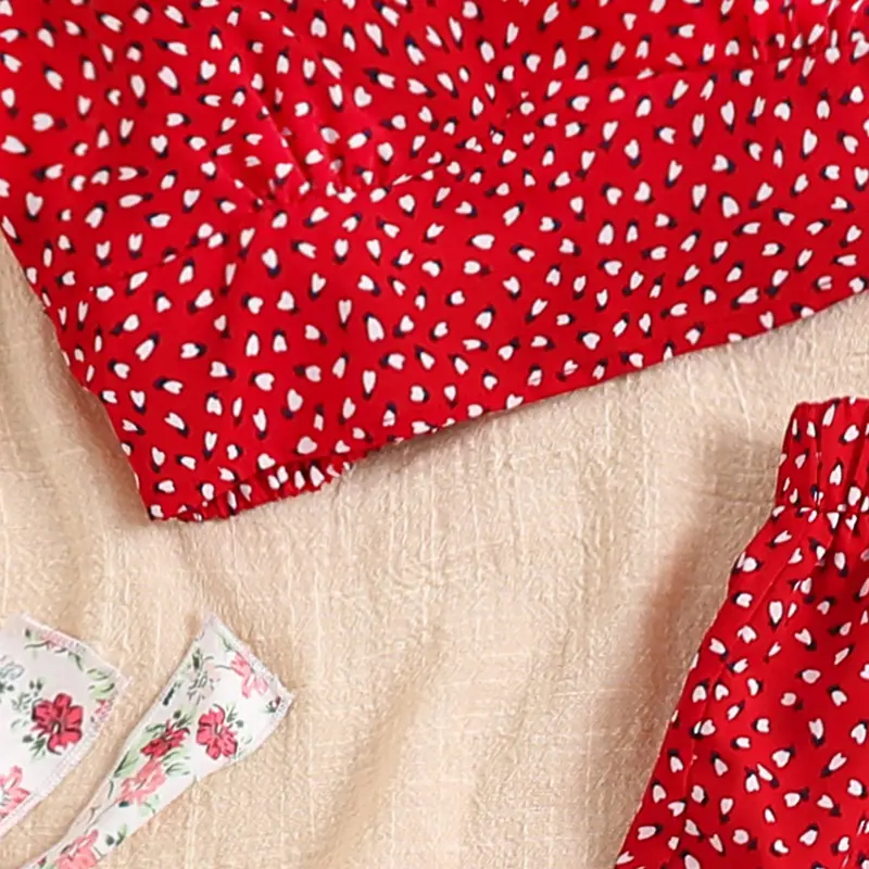 Summer New Fashion 2PCS Solid Color Red Polka Dot Sling Bow Vest & Polka Dot Skirt For Girls 8-12 Years Korean Style Vacation