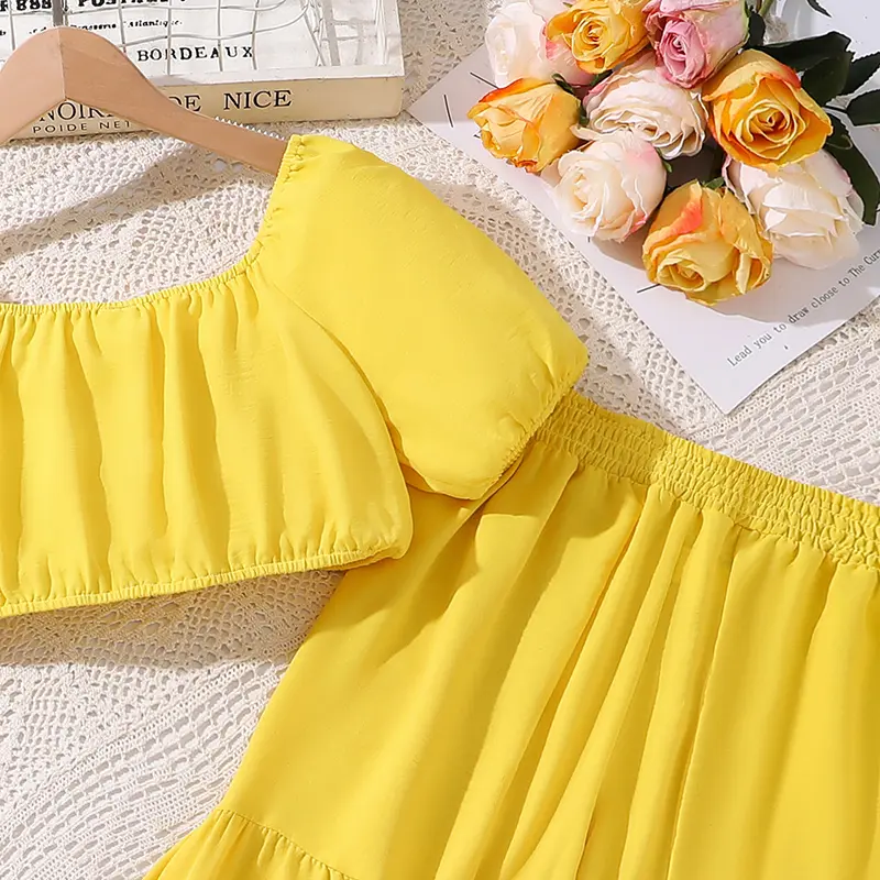Girls Clothing Sets For 8-12 Years Kids Solid Yellow Color Square Collar Crop-Top & Wide Flare Pants Child Suits Vacation Casual