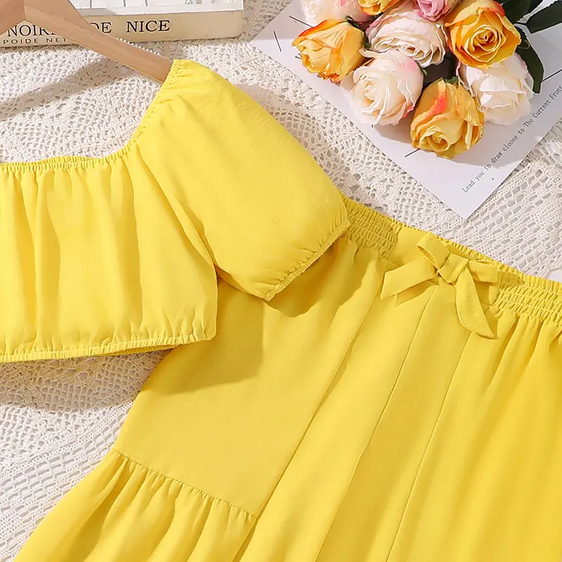 Girls Clothing Sets For 8-12 Years Kids Solid Yellow Color Square Collar Crop-Top & Wide Flare Pants Child Suits Vacation Casual