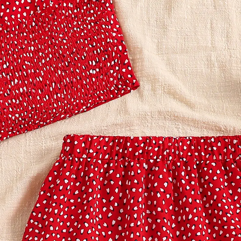 Summer New Fashion 2PCS Solid Color Red Polka Dot Sling Bow Vest & Polka Dot Skirt For Girls 8-12 Years Korean Style Vacation