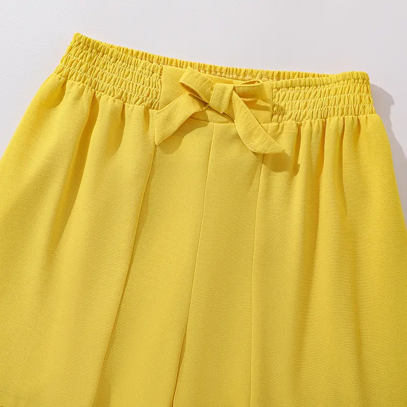 Girls Clothing Sets For 8-12 Years Kids Solid Yellow Color Square Collar Crop-Top & Wide Flare Pants Child Suits Vacation Casual