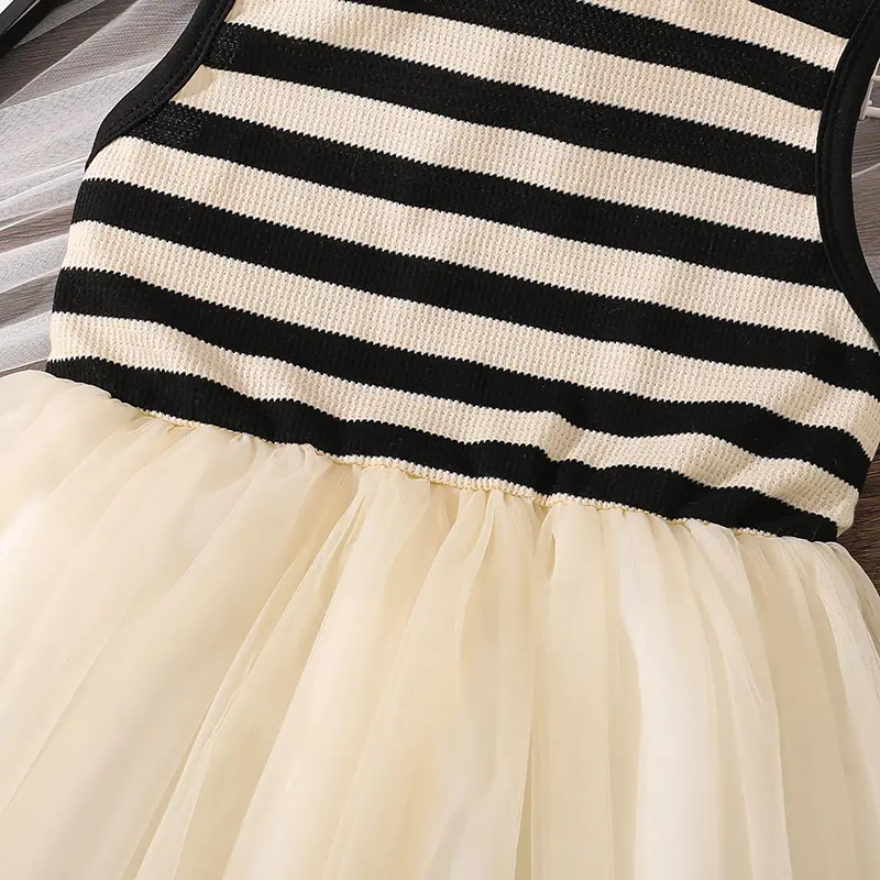 Baby Girl Princess Tulle Dress Striped Black & White Patchwork Knitted Sleeveless Summer Sundress Trendy Korean Style Dress
