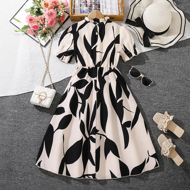 Kids Dress For Girls Printed Short Sleeve Knee-Length Tween Girls Classic Modest Church Outgoing Family Party Gown Children Gown