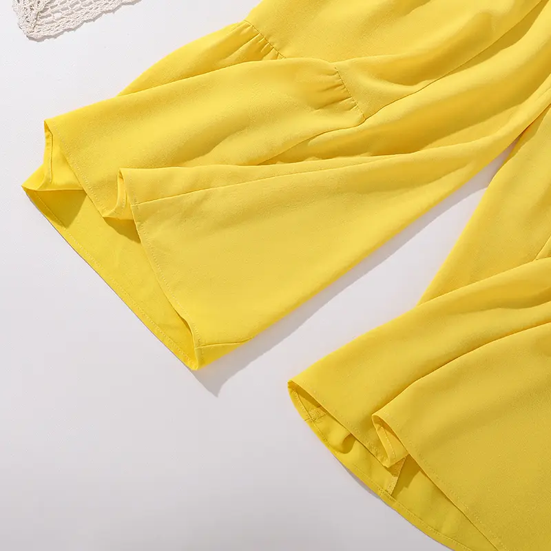 Girls Clothing Sets For 8-12 Years Kids Solid Yellow Color Square Collar Crop-Top & Wide Flare Pants Child Suits Vacation Casual