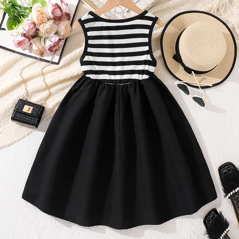 Black Striped Sleeveless Patchwork Dress Korean Style Girls Dress Daily Casual Clothes School Party Outgoing Dress OOTD