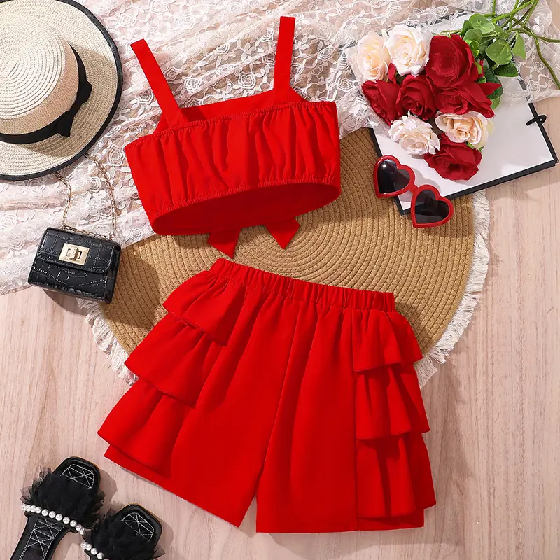 2025 New Girls Outfit Solid Red Bow Vest & Tiered Shorts Stylish Cute Girls Sets Tween Girls Clothing Sets