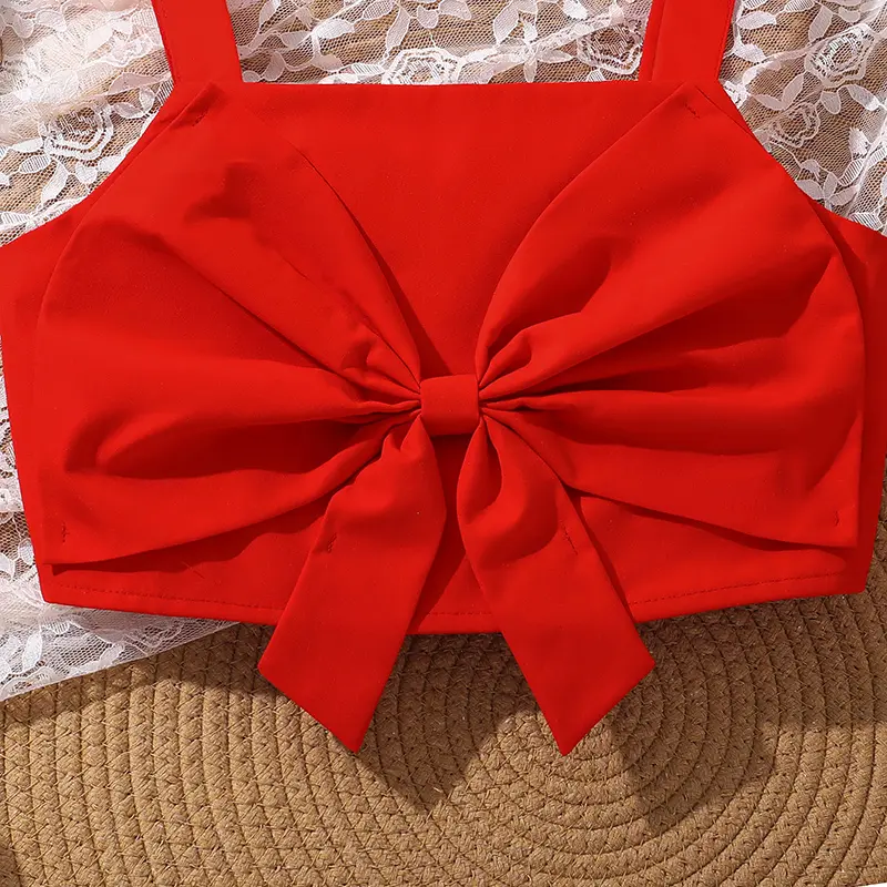 2025 New Girls Outfit Solid Red Bow Vest & Tiered Shorts Stylish Cute Girls Sets Tween Girls Clothing Sets