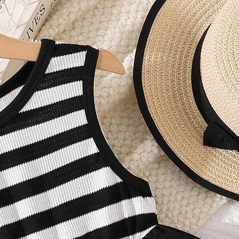 Black Striped Sleeveless Patchwork Dress Korean Style Girls Dress Daily Casual Clothes School Party Outgoing Dress OOTD