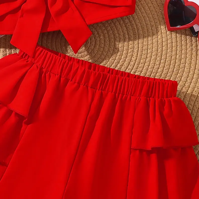 2025 New Girls Outfit Solid Red Bow Vest & Tiered Shorts Stylish Cute Girls Sets Tween Girls Clothing Sets