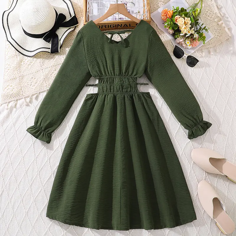 Kids Dress For Girls Dark Green Long-Sleeved Dress Classic Design Simple And Generous Fashion Summer Resort Style Beach Suits