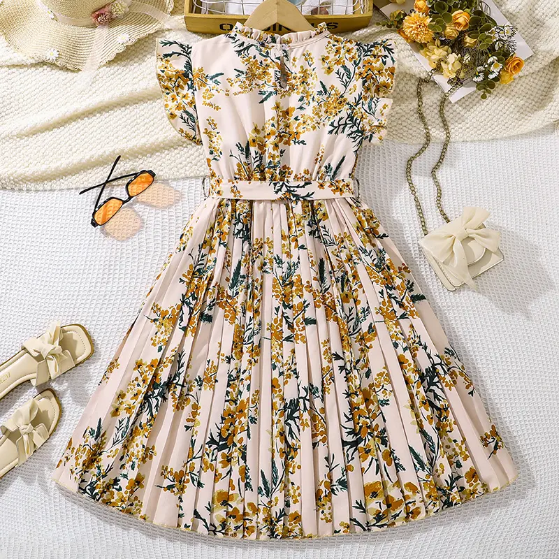 Girls Dress Modest Preppy Style Beige Wing-Sleeve Pleated Dress Children Gown For Church Baptism School Kids Costume Daily
