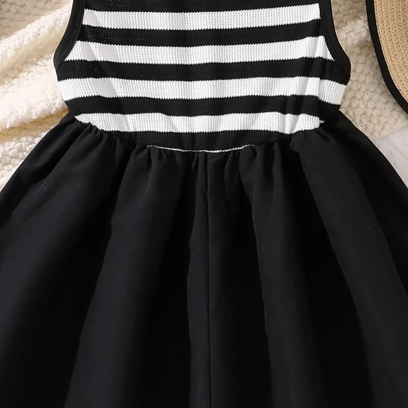 Black Striped Sleeveless Patchwork Dress Korean Style Girls Dress Daily Casual Clothes School Party Outgoing Dress OOTD