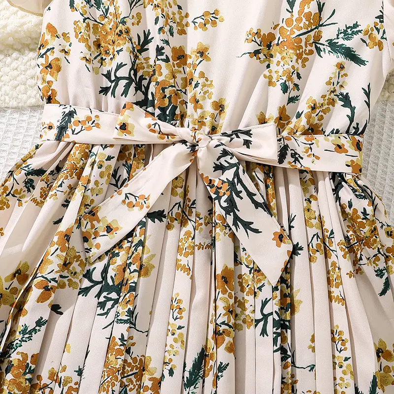 Girls Dress Modest Preppy Style Beige Wing-Sleeve Pleated Dress Children Gown For Church Baptism School Kids Costume Daily