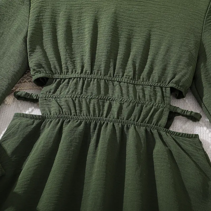 Kids Dress For Girls Dark Green Long-Sleeved Dress Classic Design Simple And Generous Fashion Summer Resort Style Beach Suits