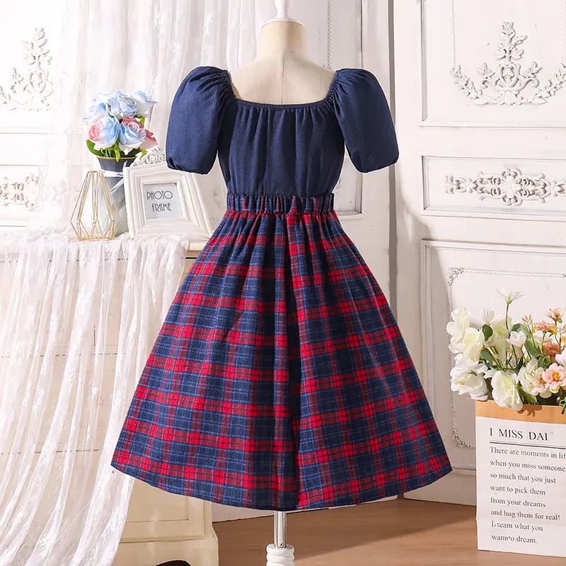 Kids Clothes Sets Blue Knitted Sweat heart Collar T-shirt & Checkered Skirt 2 Pcs Girls Clothing Sets Summer Outfit