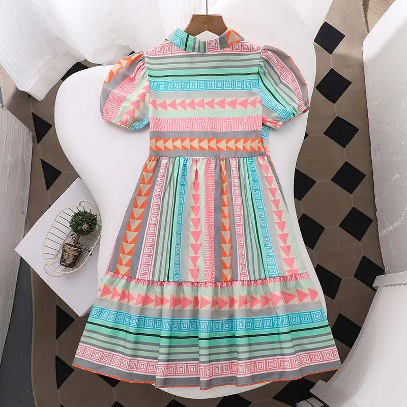 Summer New Colorful Turn-Down Collar Single Breasted Short Sleeve Shirt A-Line Dress For Girls 8-12 Years Daliy Casual Clothing