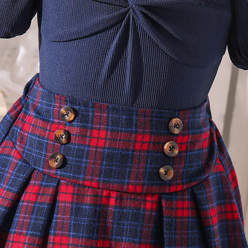 Kids Clothes Sets Blue Knitted Sweat heart Collar T-shirt & Checkered Skirt 2 Pcs Girls Clothing Sets Summer Outfit
