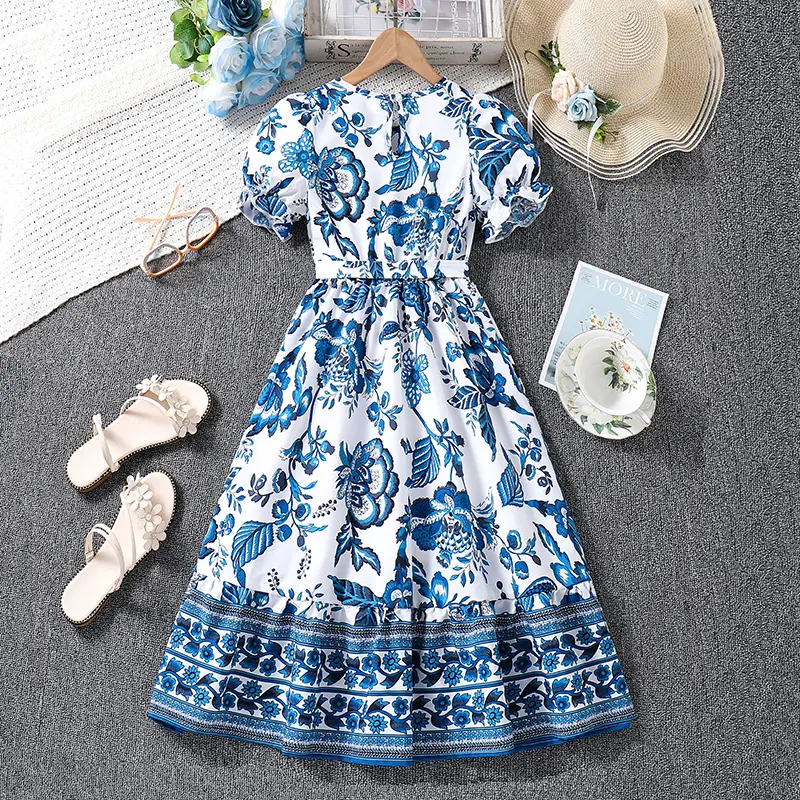 Kids Dress For Girls Blue Flower Long Dress And Detachable Belt Elegant Style Stylish Summer Vacation Daily Children Clothes