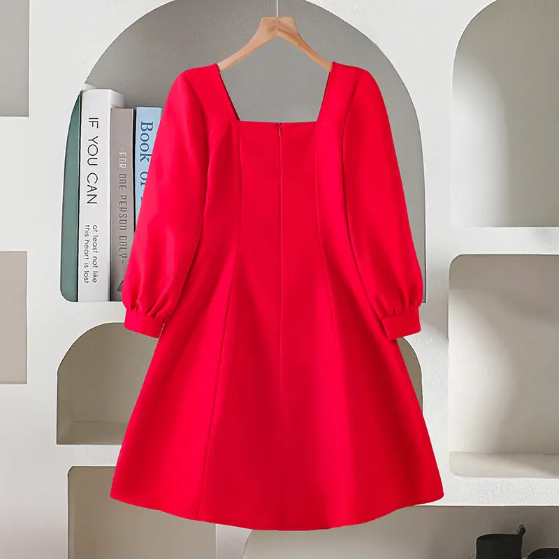 Spring And Autumn New Solid Color Red Square Collar Long Sleeve A-Line Princess Dress For Girls 8-12 Years Birthday Party Set